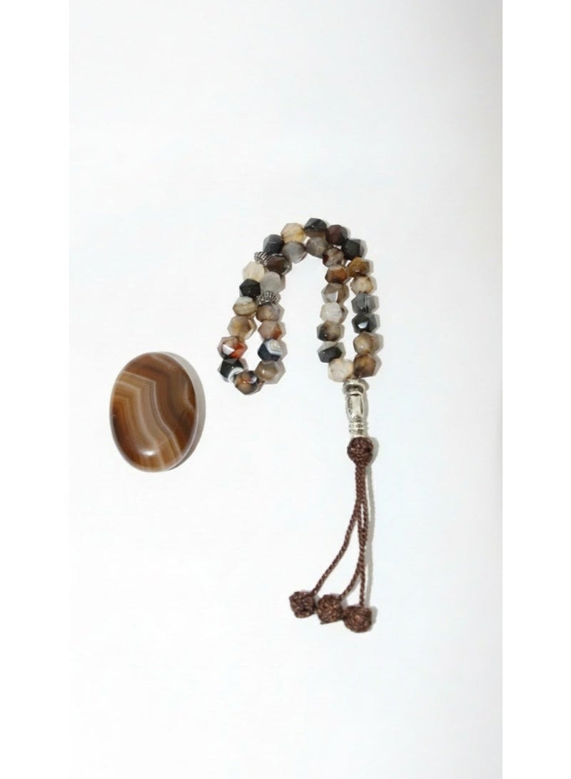 Kamins Collection Elegant Agate Prayer Beads (Tasbih) – Handmade with Hexagonal Cut Stones & Arab Style Tassel / 10mm - Image 1